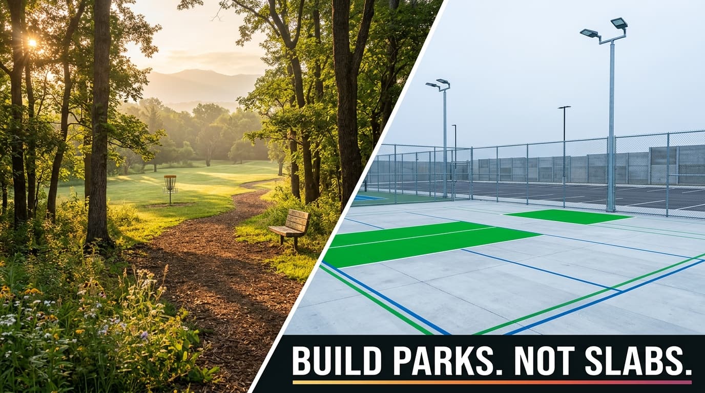 What $400K builds: a park — 54 acres of trails, shade trees, benches, wildlife signage, ADA walkways, 3 skill levels, 2,848 rounds year one. What $120K builds: a slab — concrete, chain link, paint lines, noise barriers. Build parks. Not slabs.